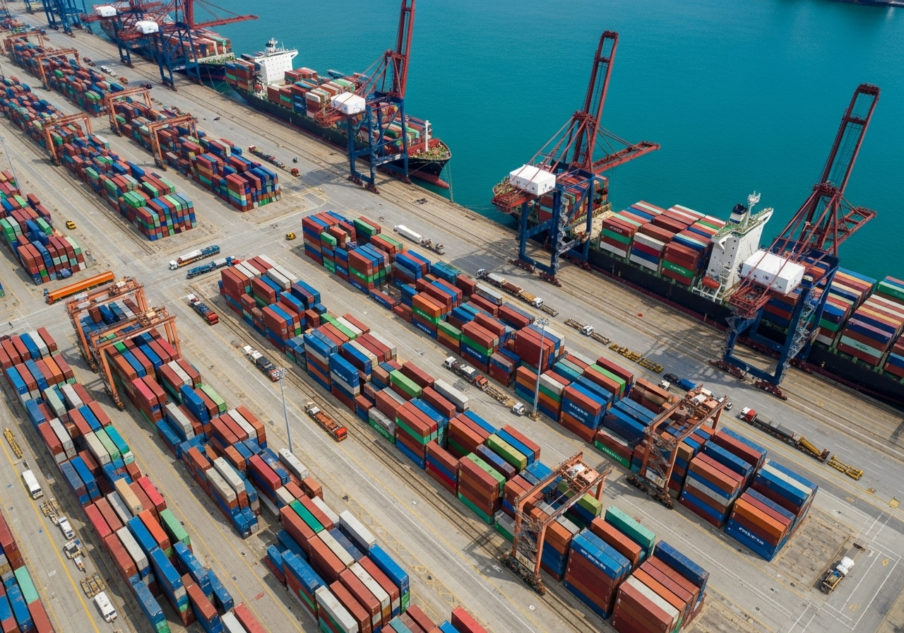 Professional container shipping port with organized cargo operations