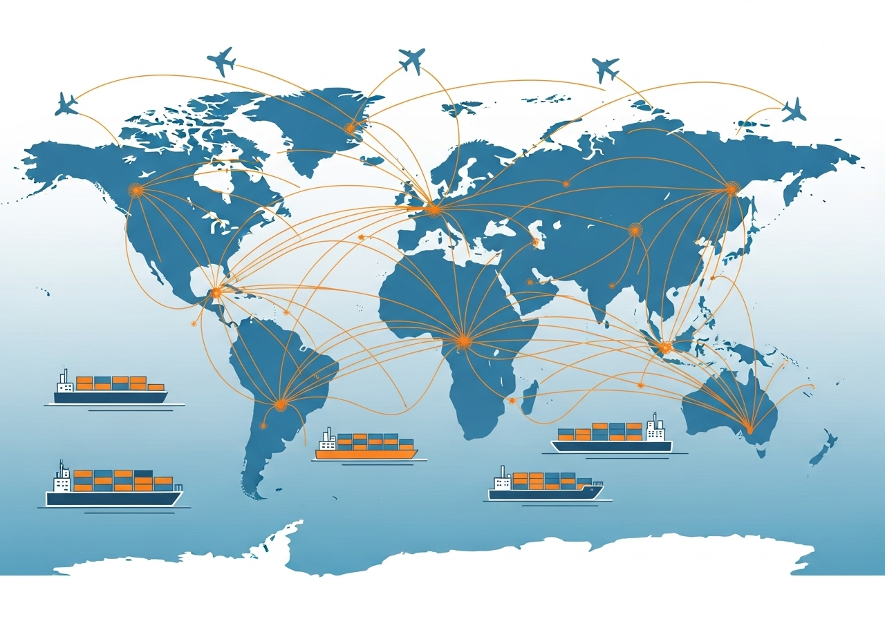 Global freight network visualization showing international trade routes